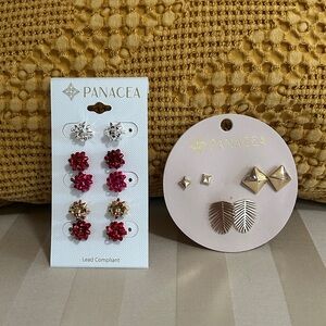 Set of 2 Panacea Gold Geometric and Leaf Earrings & Jeweled Clusters